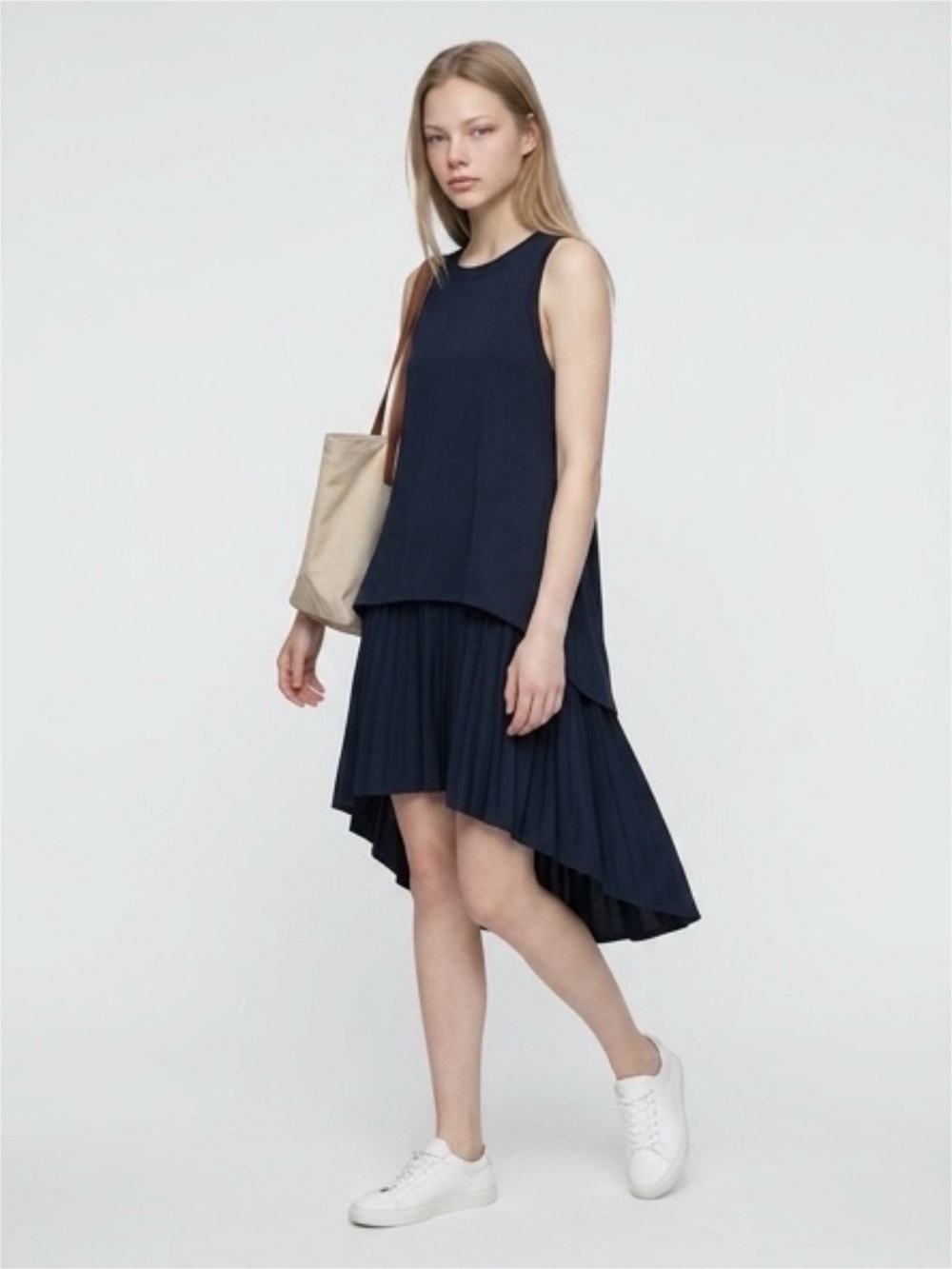 Athleta Navy Sleeveless High-Low Pleated Dress